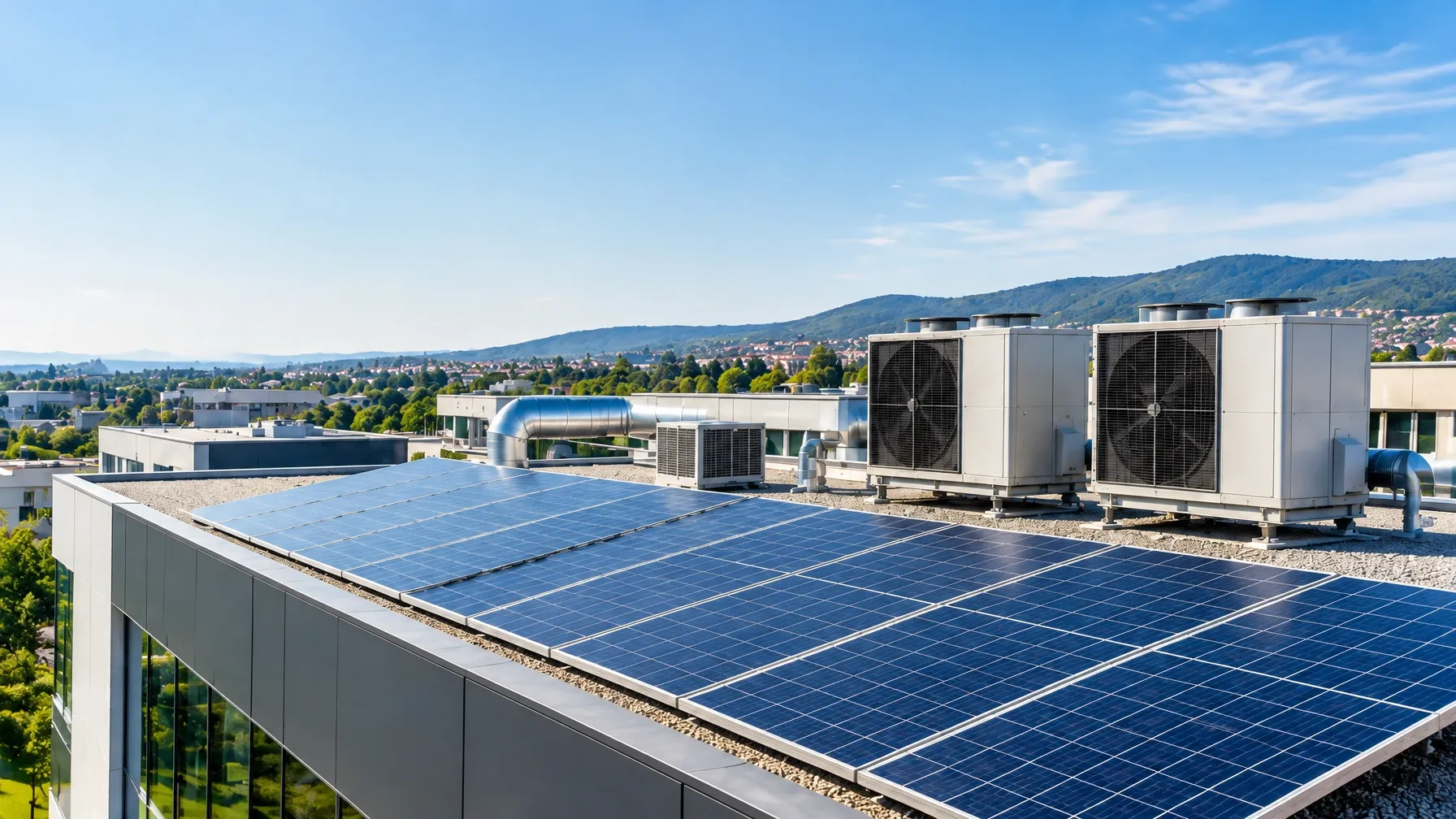 Paneles fotovoltaicos y equipos de climatización en la cubierta de un edificio